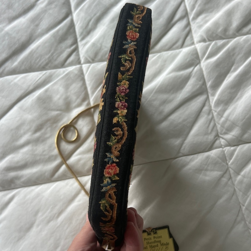 Vintage Petit Point Handmade Floral Tapestry Clutch with Gold Chain - Picture 6 of 8